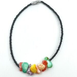 Vintage Retro Multi-Color Stone Bead Bracelet Black Seed Bead Boho 9" Classic‎